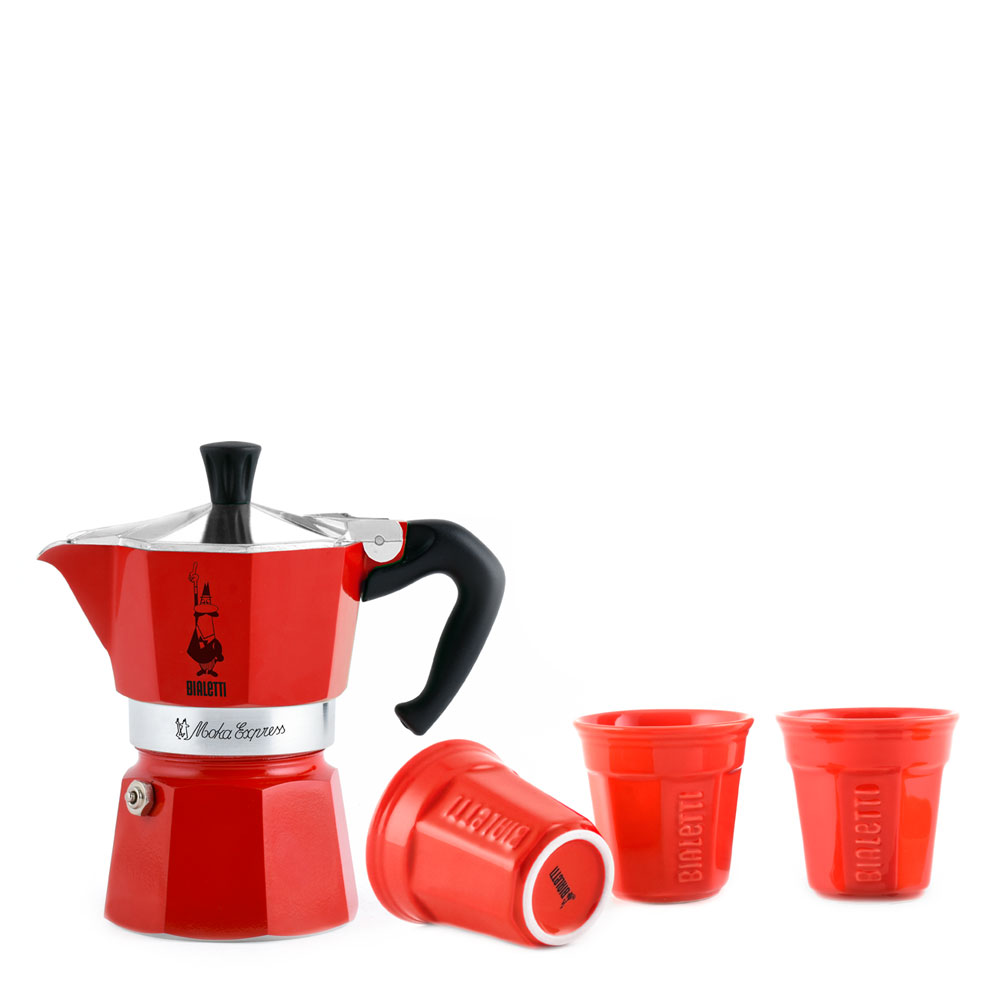 Набор гейзерная кофеварка Moka Express Red + 3 стакана от магазина Bialetti.ru